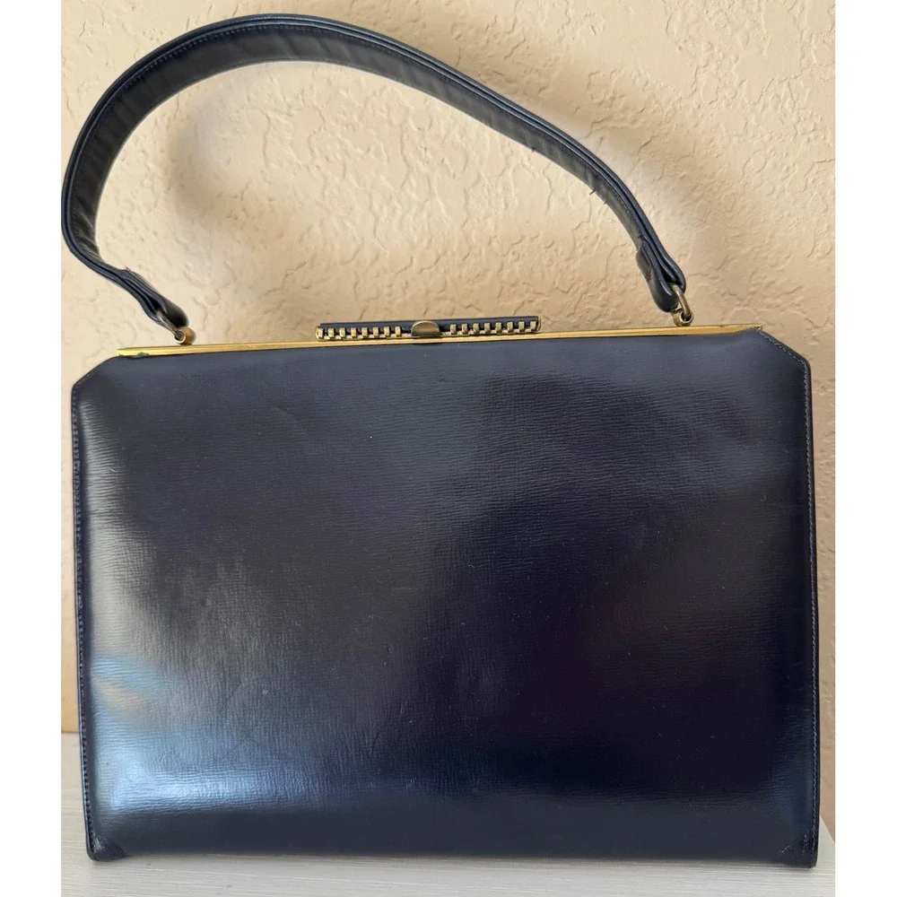 VINTAGE I. MAGNIN & CO. NAVY BLUE LEATHER TOP HANDLE FRAME‎ HANDBAG PURSE